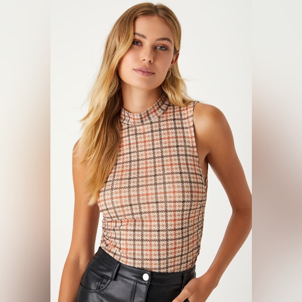 Lulus‎ Classic Cuteness Brown and Orange Houndstooth Mock Neck Bodysuit, Size XS